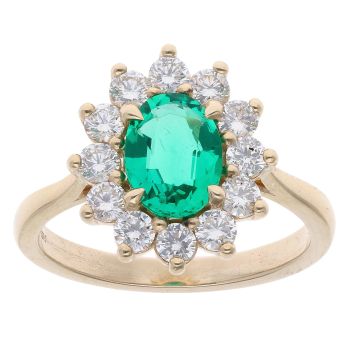 Lab Grown 9ct Yellow Gold 0.75ct Brilliant Cut Diamond And Created Emerald Cluster Ring