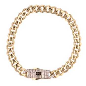 14ct Yellow Gold Monaco Classic Baguette Pave Lock Curb Bracelet 8"