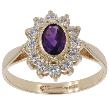 9ct Yellow Gold Amethyst And Cubic Zirconia Cluster Ring