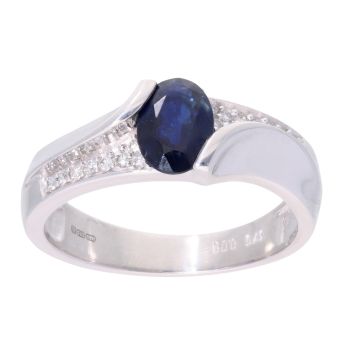 9ct White Gold Sapphire And 0.09ct Diamond Ring
