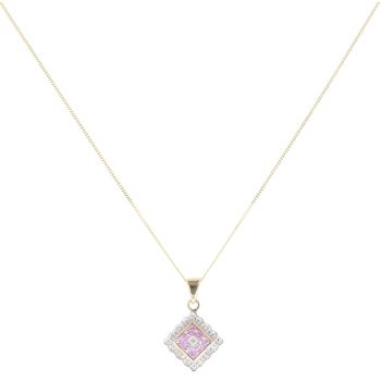 9ct Yellow Gold 0.03ct Diamond And Pink Sapphire Cluster Pendant And Chain 18"