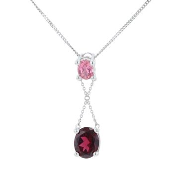 18ct White Gold Pink Sapphire and Garnet Drop Pendant and Chain 16"