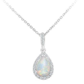 9ct White Gold Opal and Diamond Teardrop Pendant Necklace