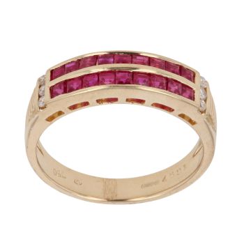18ct Yellow Gold 0.05ct Diamond And Ruby Two Row Ring