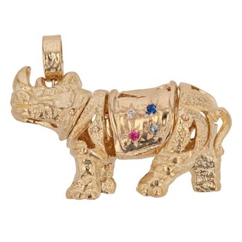 9ct Yellow Gold Multi-Gemstone Rhino Pendant