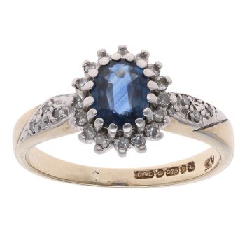 9ct Yellow Gold Sapphire and 0.15ct Diamond Cluster Ring
