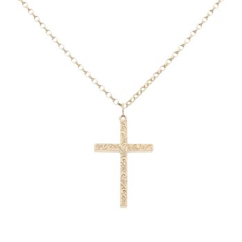 9ct Yellow Gold Patterned Cross Pendant and Chain 18"