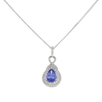 18ct White Gold 0.75ct Diamond and Tanzanite Cluster Pendant and Chain 18"