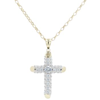 9ct Yellow Gold Cubic Zirconia Cross Pendant And Chain 26"