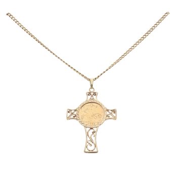 9ct Yellow Gold 1982 Half Sovereign Coin Cross Pendant and Chain 18"