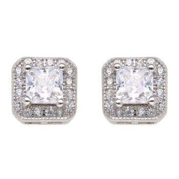 Silver Cubic Zirconia Square Cluster Stud Earrings