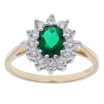 9ct Yellow Gold Green Gemstone And Cubic Zirconia Cluster Ring