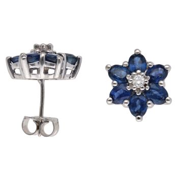 14ct White Gold 0.05ct Diamond And Sapphire Cluster Stud Earrings