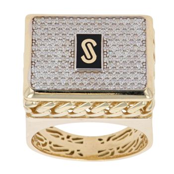 14ct Yellow Gold Monaco Cubic Zirconia and Black Enamel Square Signet Ring