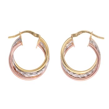 9ct Yellow White And Rose Gold Twist Hoop Earrings