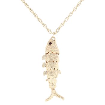9ct Yellow Gold Red Gemstone Fish Pendant And Chain 18"