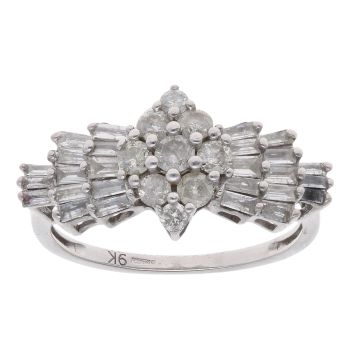 9ct White Gold 1.00ct Brilliant And Baguette Cut Diamond Cluster Ring
