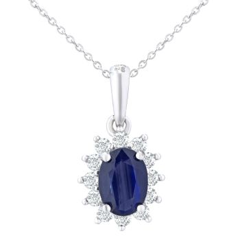 9ct White Gold Oval Sapphire Cluster Diamond Pendant Necklace