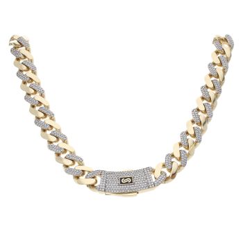 14ct Yellow Gold Monaco Curb Classic Alternate Cubic Zirconia Pave, Pave Lock Chain 24"