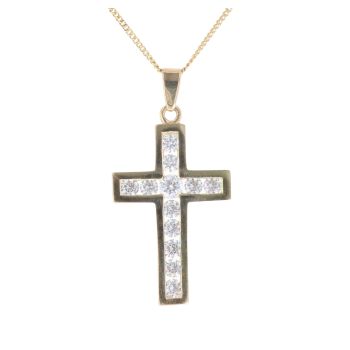 9ct Yellow Gold Cubic Zirconia Cross Pendant and Chain 18"