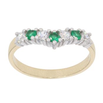 9ct Yellow Gold Cubic Zirconia and Green Gemstone Wishbone Ring