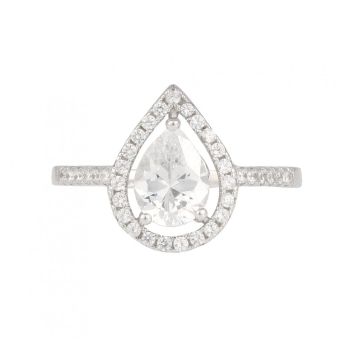 Sterling Silver Teardrop Halo Cubic Zirconia Ring