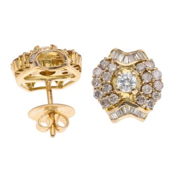 14ct Yellow Gold 2.00ct Brilliant and Baguette Cut Diamond Cluster Earrings