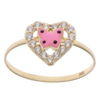 14ct Yellow Gold Cubic Zirconia Heart and Pink Enamel Butterfly Dress Ring
