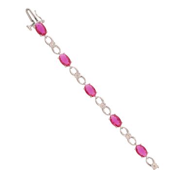 9ct White Gold 0.06ct Diamond And Created Ruby Cluster Bracelet 7"