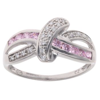 9ct White Gold Pink Topaz And Cubic Zirconia Crossover Ring