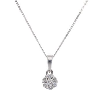 9ct White Gold 0.25ct Diamond Cluster Pendant and Curb Chain 18"