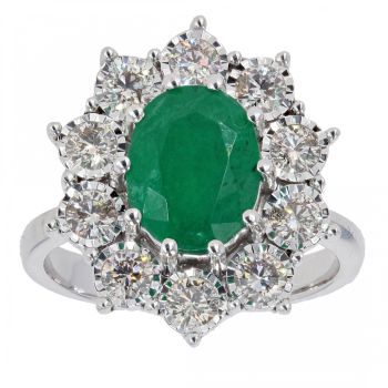 9ct White Gold 1ct Diamond And Emerald Cluster Ring