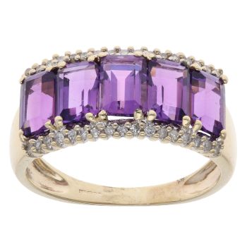 9ct Yellow Gold 0.15ct Diamond and Amethyst Five Stone Ring