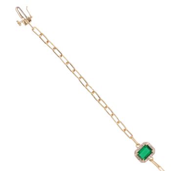 9ct Yellow Gold 0.12ct Diamond And Created Emerald Bracelet 7"