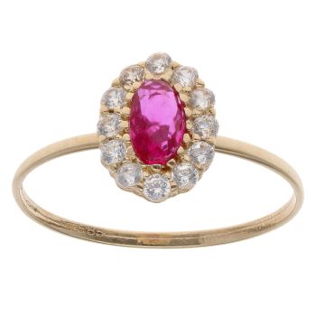 14ct Yellow Gold Cubic Zirconia and Red Gemstone Cluster Ring