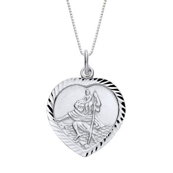 Sterling Silver Diamond Cut Heart St Christopher Pendant Necklace