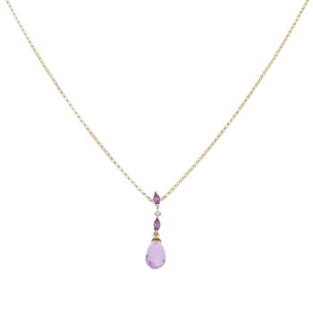 9ct Yellow Gold Amethyst and 0.01ct Diamond Drop Pendant and Chain 16"