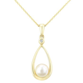 9ct Yellow Gold Cultured Pearl and Diamond Teardrop Pendant Necklace
