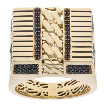 14ct Yellow Gold Monaco Black Cubic Zirconia and Black Enamel Curb Detail Signet Ring