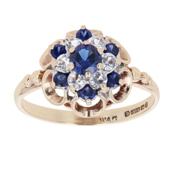 9ct Yellow Gold Created Sapphire And Cubic Zirconia Cluster Ring