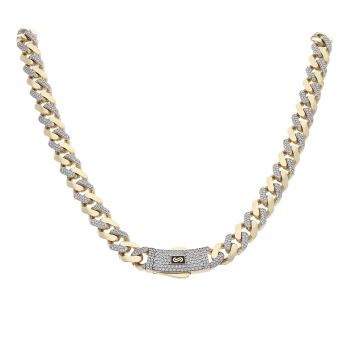 14ct Yellow Gold Monaco Curb Alternate Cubic Zirconia Pave Lock Chain 24"