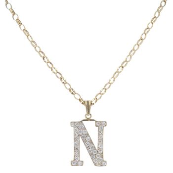 9ct Yellow Gold Cubic Zirconia Initial 'N' Pendant and Chain 24"
