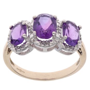 9ct Yellow Gold Amethyst and 0.10ct Diamond Triple Cluster Ring