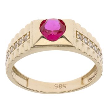 14ct Yellow Gold Cubic Zirconia and Red Gemstone Signet Ring