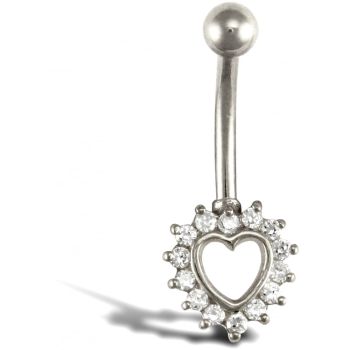 9ct White Gold Cubic Zirconia Heart Belly Bar