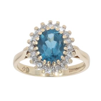 9ct Yellow Gold Blue Topaz and 0.20ct Diamond Cluster Ring