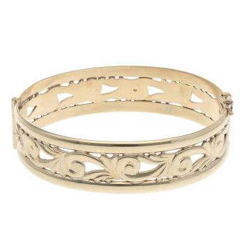 9ct Yellow Gold Filigree Patterned Hinged Bangle