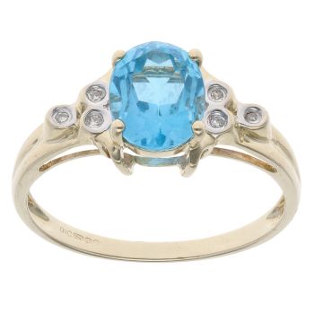 9ct Yellow Gold Blue Topaz and 0.10ct Diamond Stone Set Ring