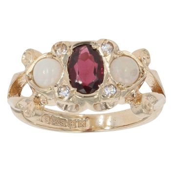 9ct Yellow Gold Garnet and Opal Three Stone Ring
