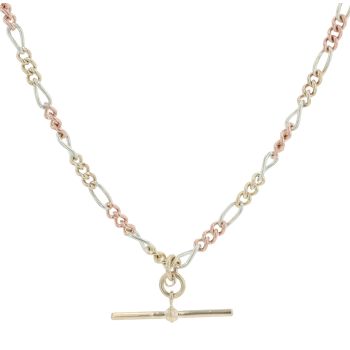 9ct Yellow, White and Rose Gold T-Bar Pendant and Figaro Chain 20"